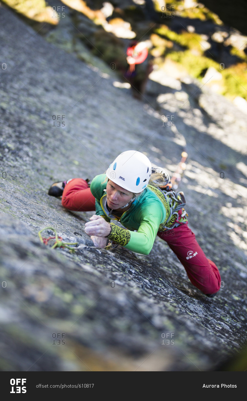 August 31, 2016 Female climber on difficult climbing route in Tatra