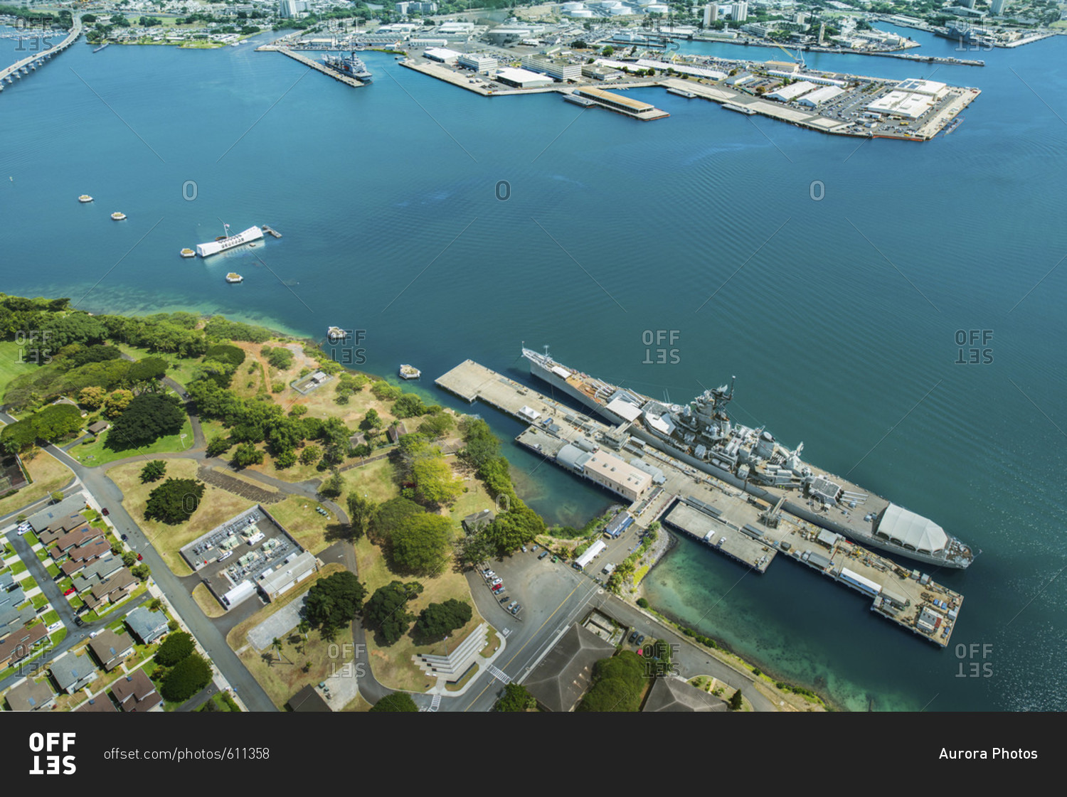 Aerial view of Arizona Memorial and Mighty Mo Missouri battleship at Pearl Harbor, Honolulu, Hawaii, USA