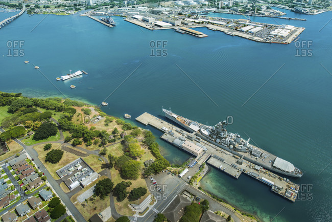 Aerial view of Arizona Memorial and Mighty Mo Missouri battleship at Pearl Harbor, Honolulu, Hawaii, USA