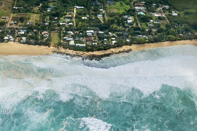 Aerial view of rocky point under surf called Condition Black, Oahu, Hawaii, USA