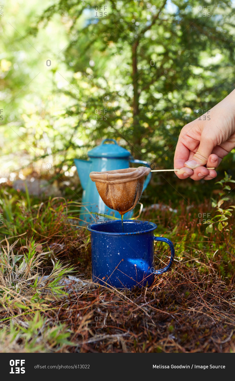 Woman making coffee in forest, close-up, Colgate Lake Wild Forest, Catskill Park, New York State, USA