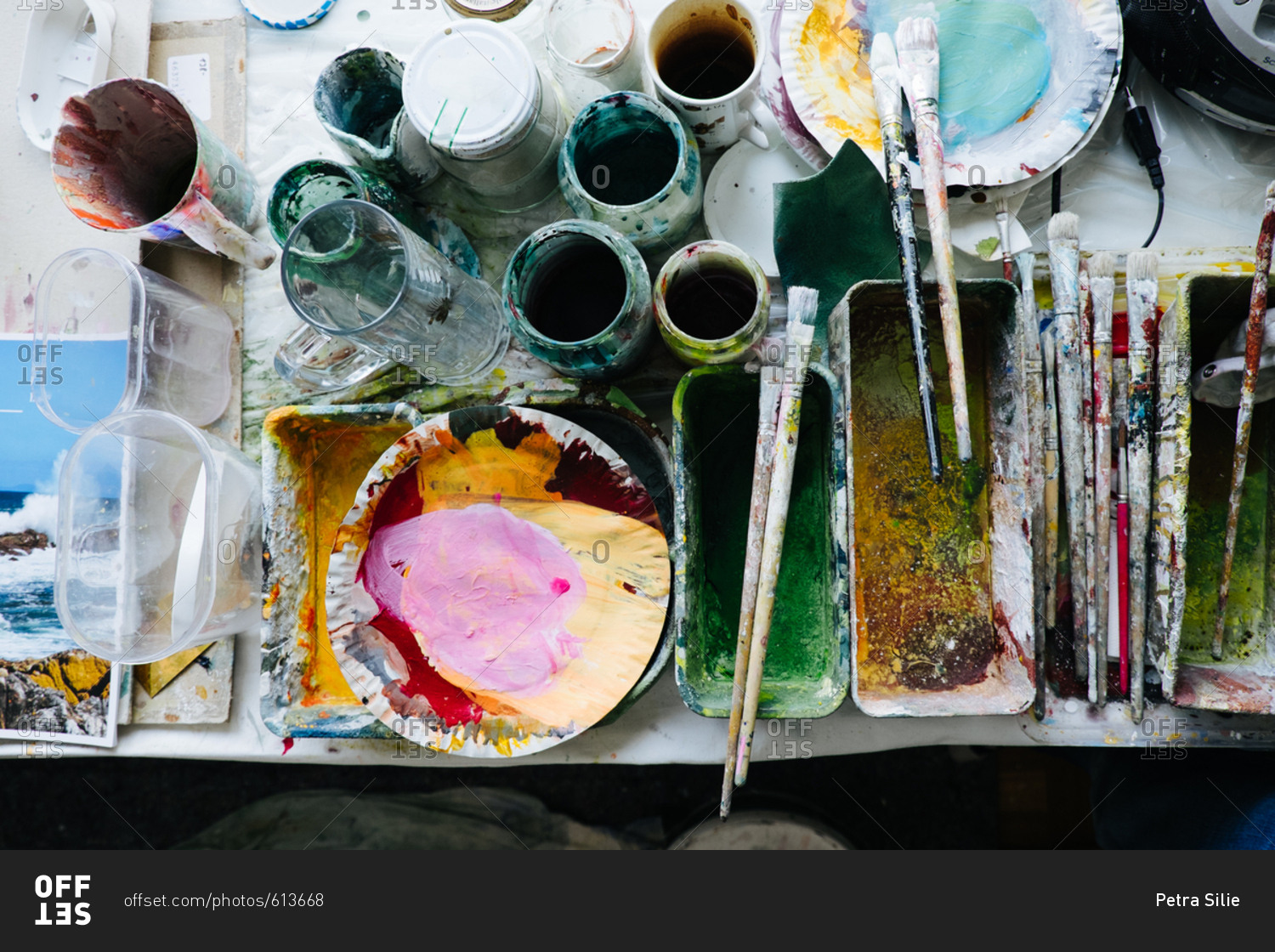 Messy tray of used watercolor paints stock photo - OFFSET
