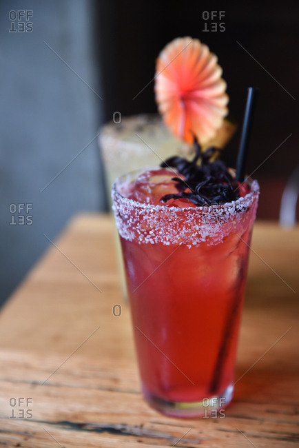 Mixed drink served with salted rim and garnish