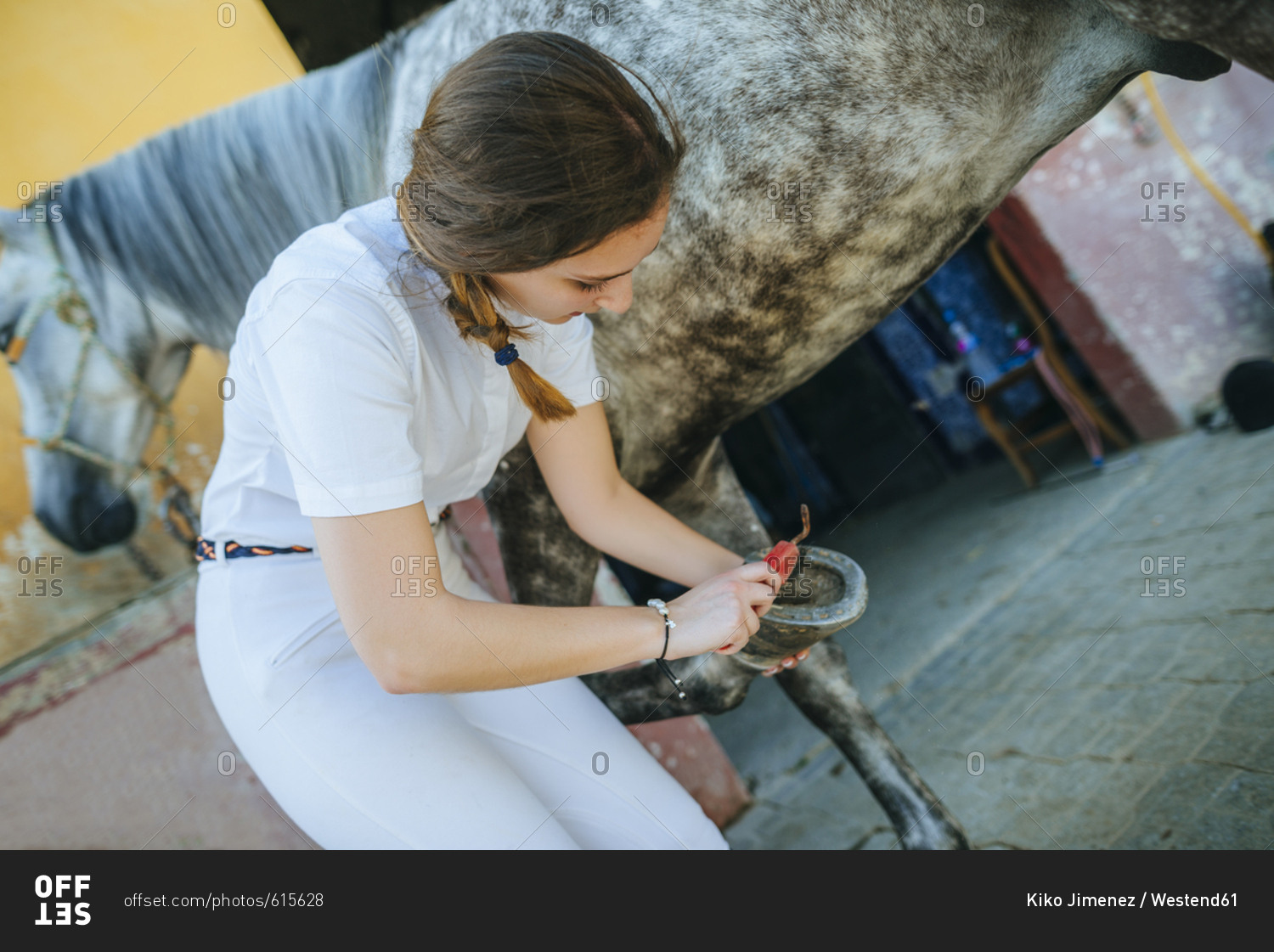 Young woman cleaning hoof of horse
