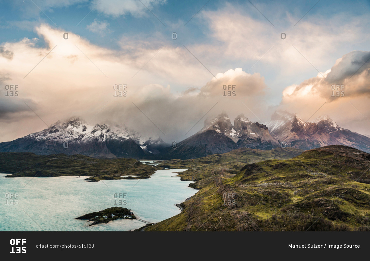 Dramatic sky over Cuernos del Paine and Paine Grande, Torres del Paine National Park, Chile