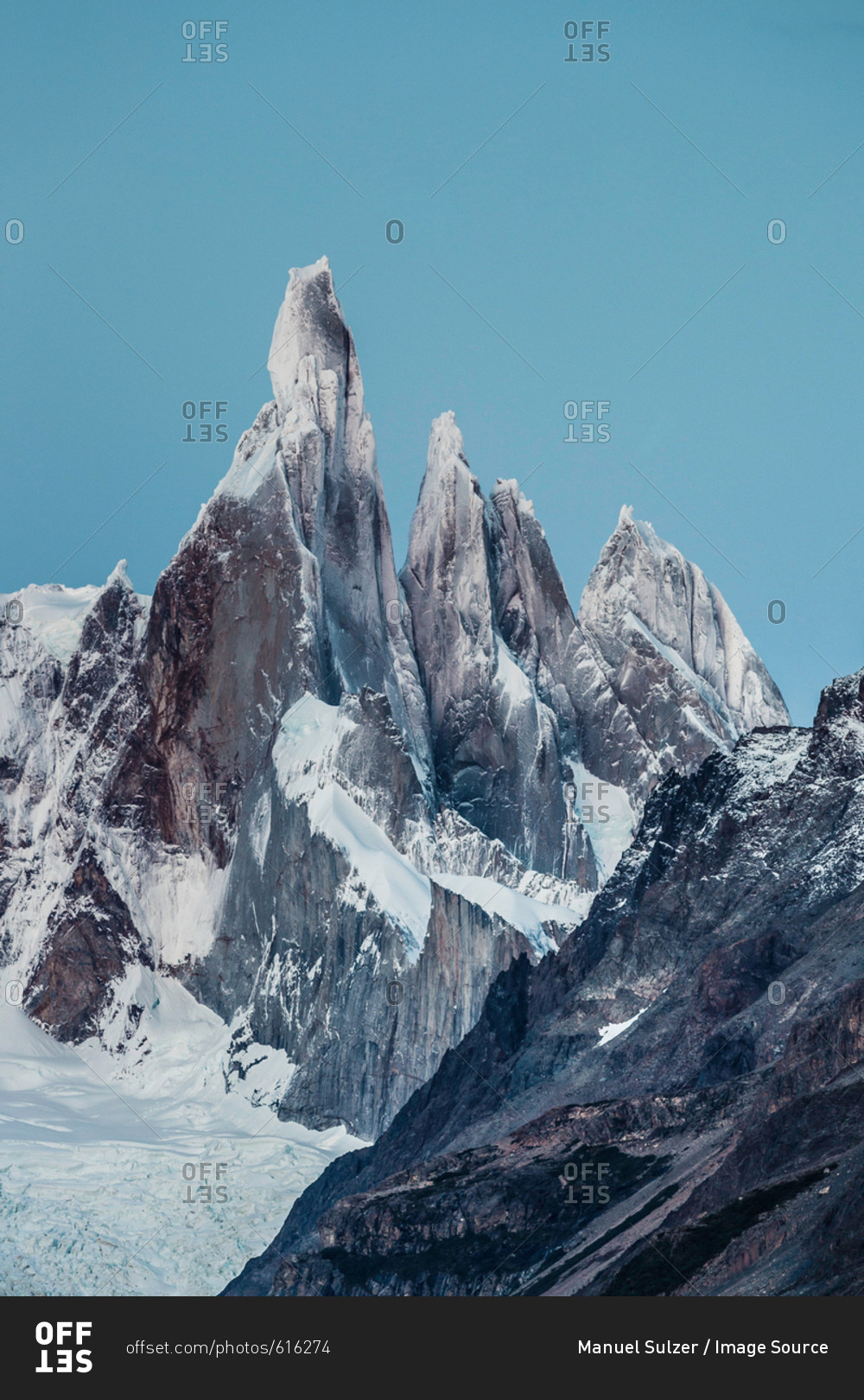 Blue sky over Cerro Torre and Fitz Roy mountain ranges, Los Glaciares National Park, Patagonia, Argentina