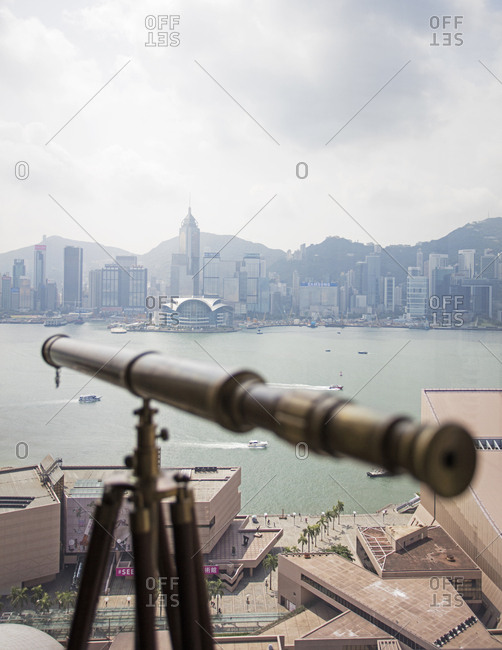 Hong Kong, China - September 18, 2015: A view of Hong Kong and Victoria Harbor from The Peninsula Hotel