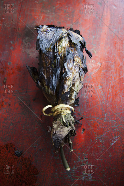 Charred banana leaf with fish
