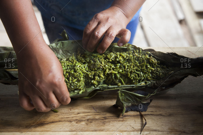 Woman opening a charred banana leaf with fiddlehead fronds
