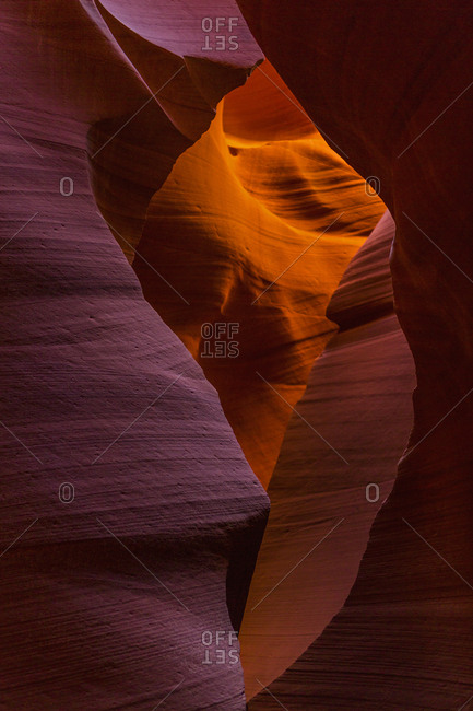 Erosion carved sandstone shapes in Antelope Canyon, a slot canyon on the Navajo Reservation in Page, Arizona