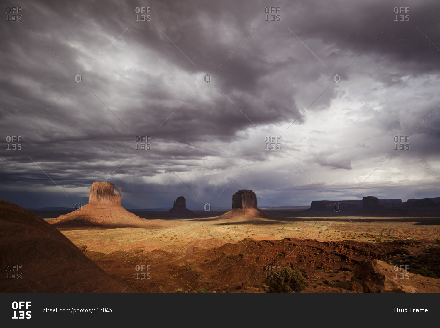 Scenic view of Monument Valley with dark clouds