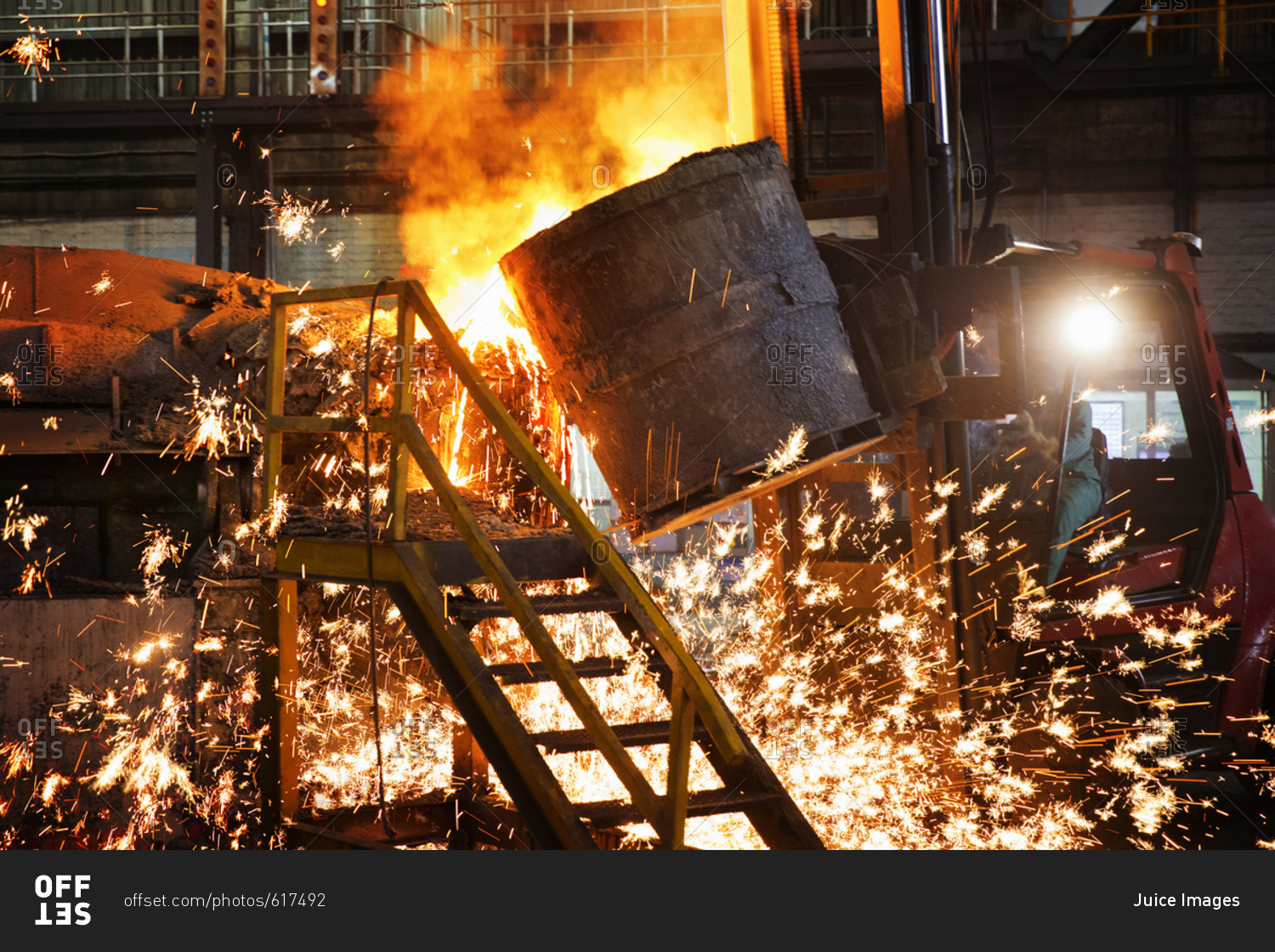Shower Of Sparks As Molten Metal Is Poured In Steel Foundry