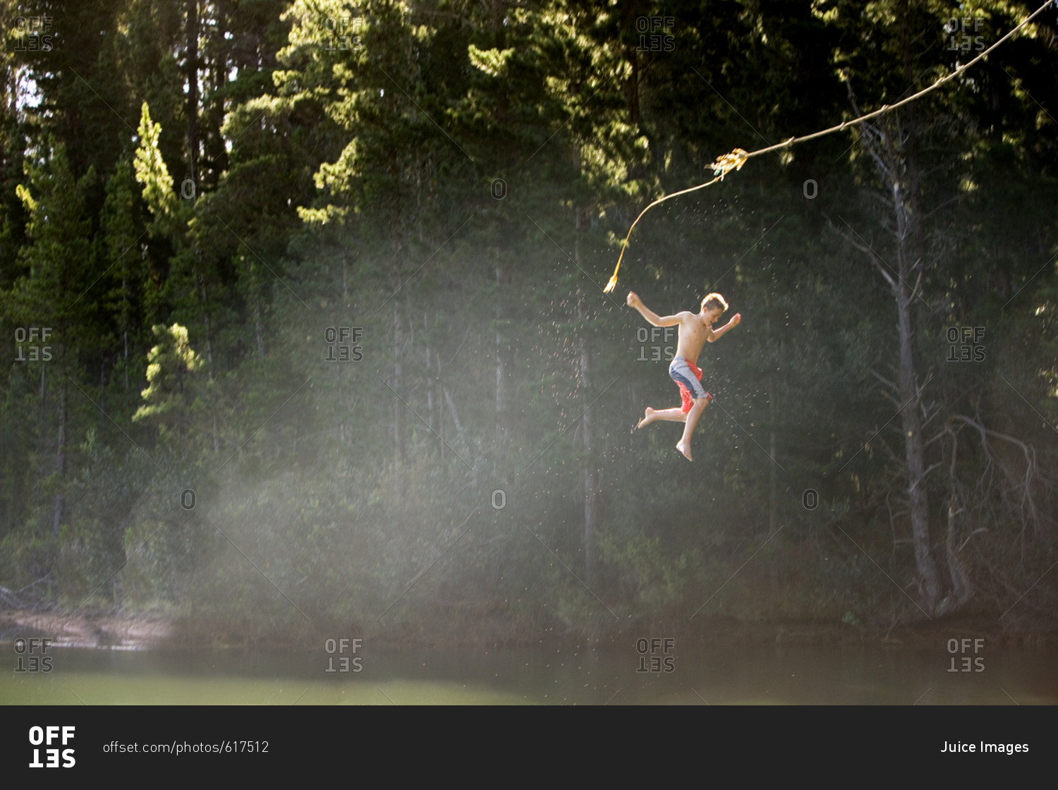 Boy (9-11), in swimming shorts, letting go of rope swing above lake, side view