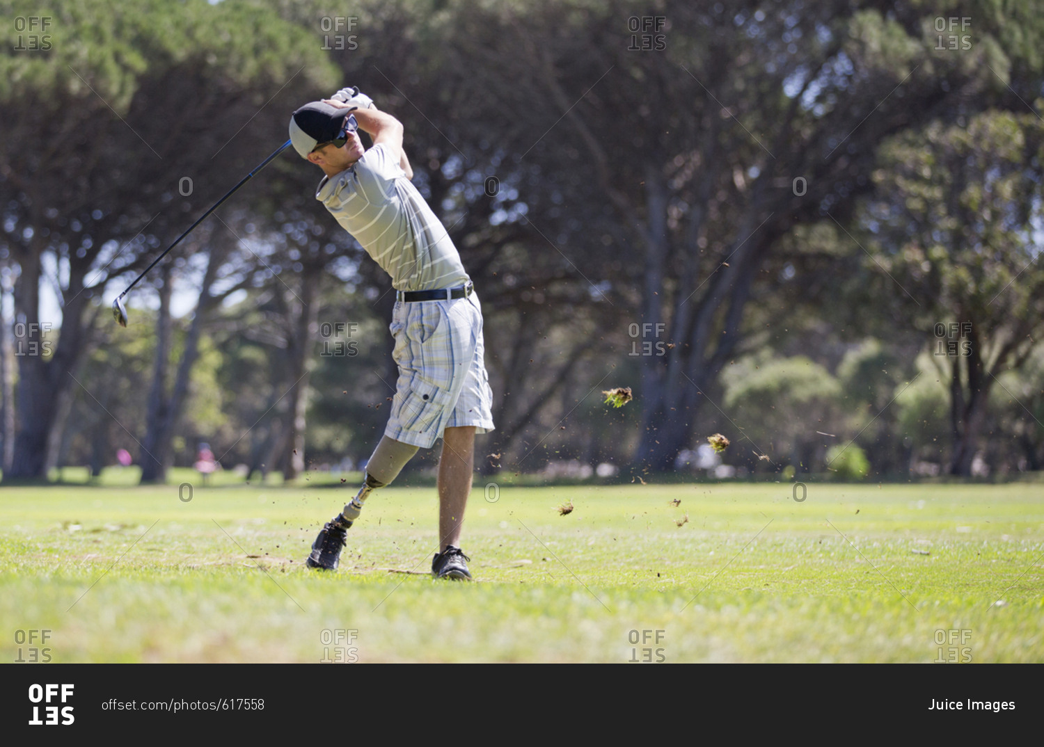 Male Golfer With Artificial Leg Teeing Off On Golf Course