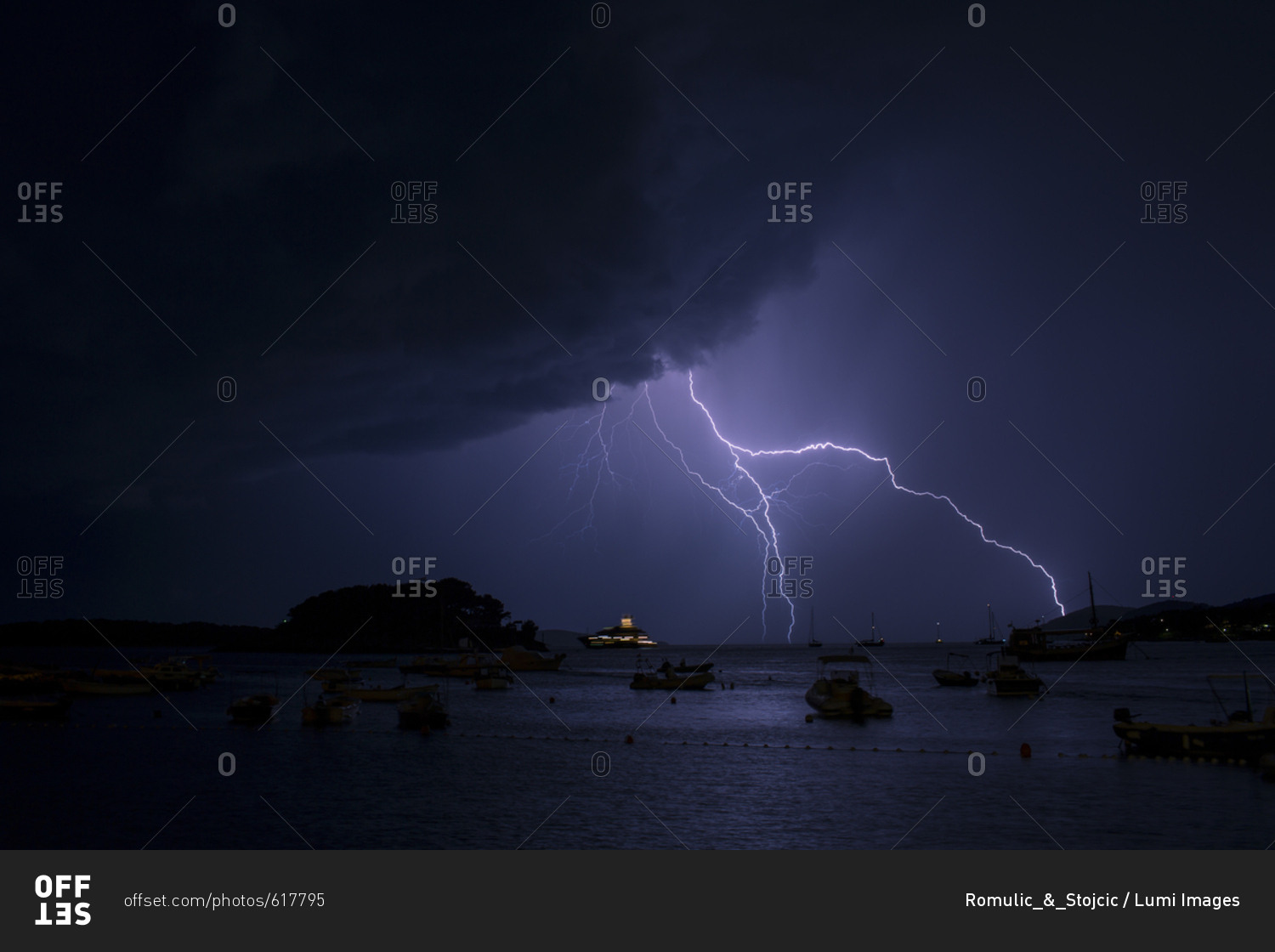 Lightnings in thunderstorm over sea at night