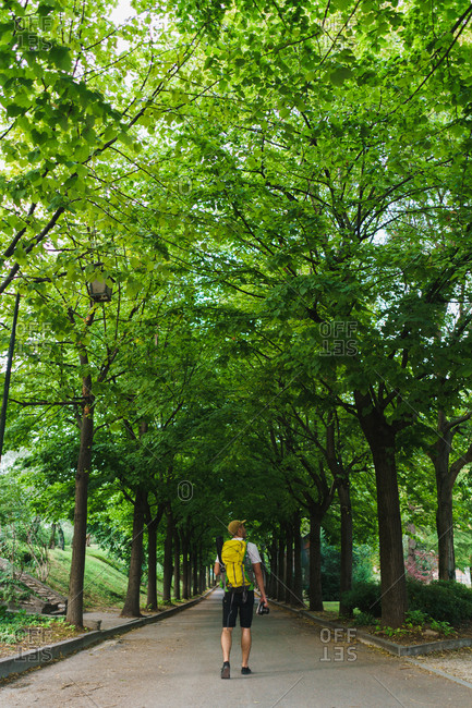Backpacker walking on nature