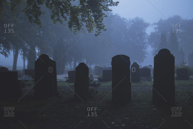 Silhouettes of tombstones in cemetery in mist