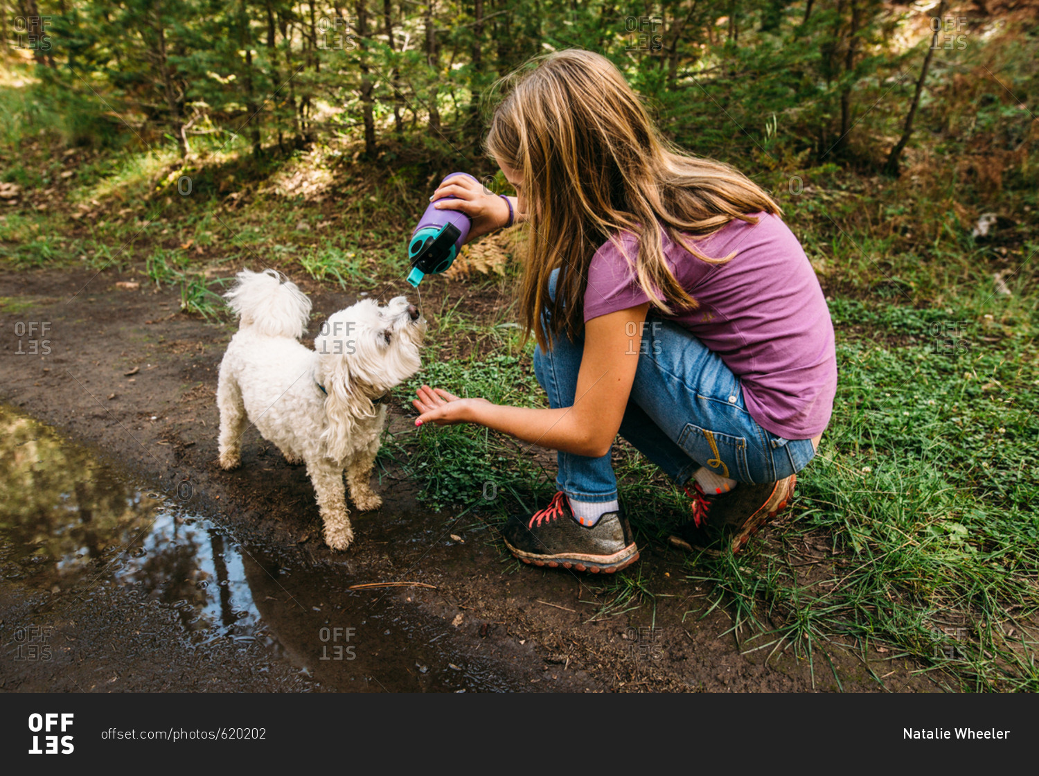 Girl giving her pet dog a drink from her water bottle