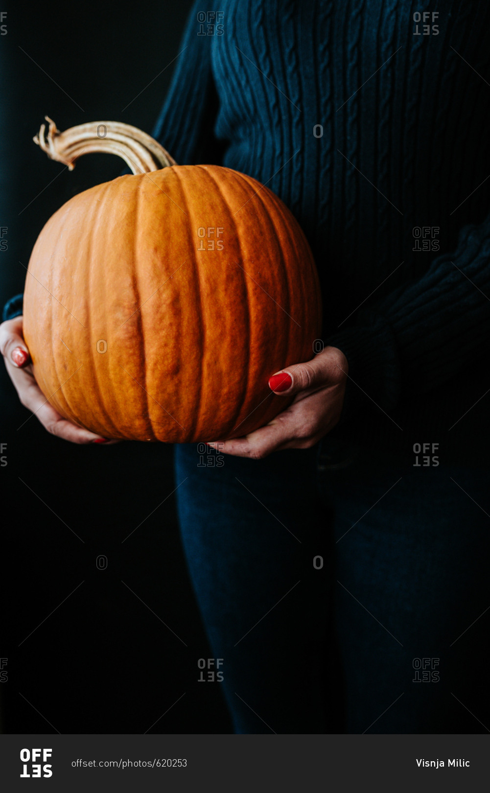 Person holding big Halloween pumpkin
