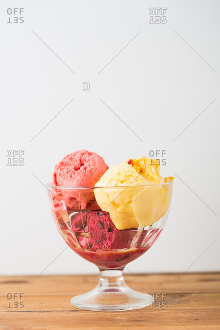 Dish filled with three scoops of ice cream