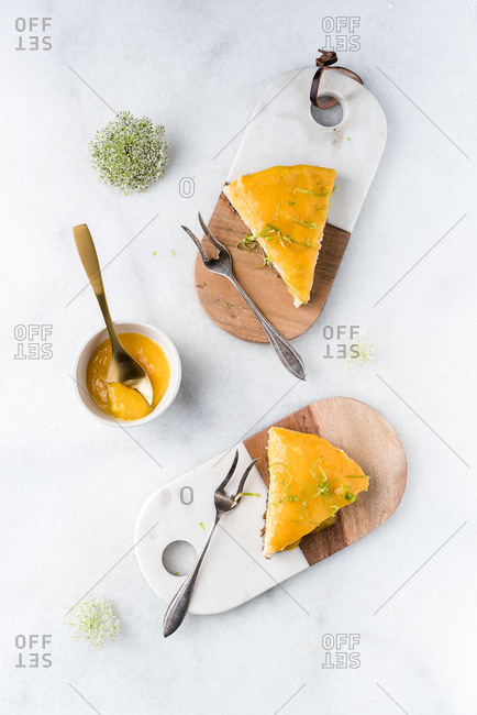 A custard topped pie slice