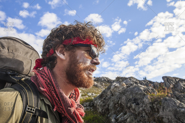 Portrait of a bearded hiker wearing sunscreen, Garibaldi Provincial Park