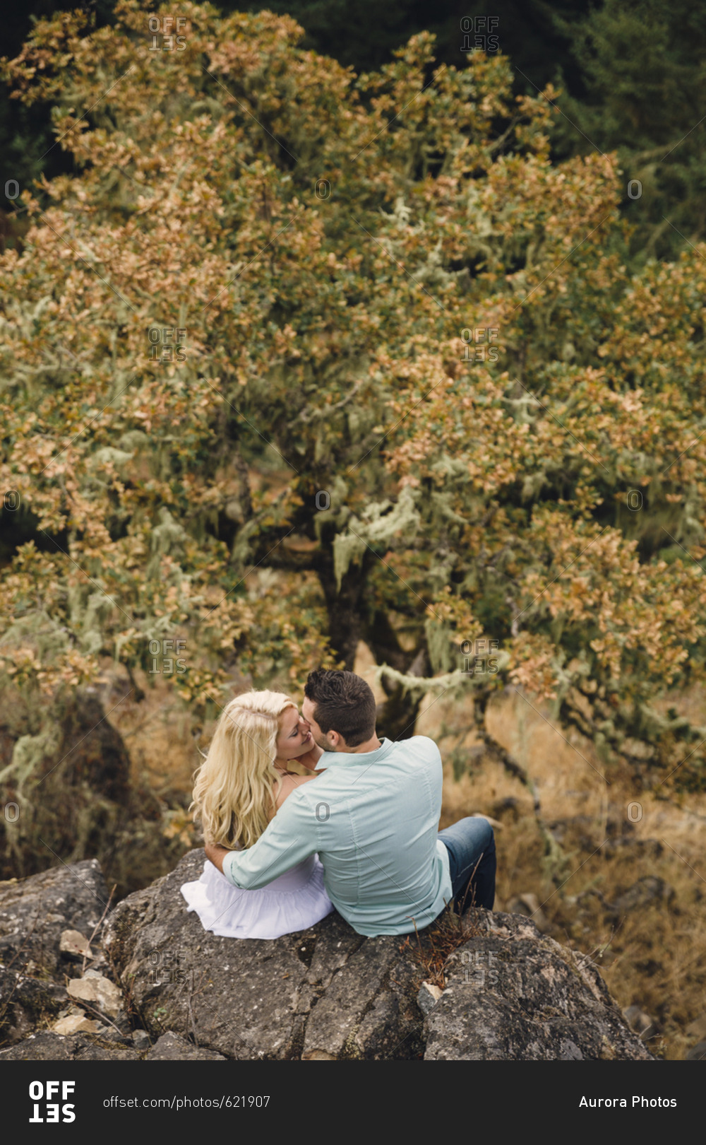 Rear view of young couple hugging and sitting on hill, Eugene, Oregon, USA