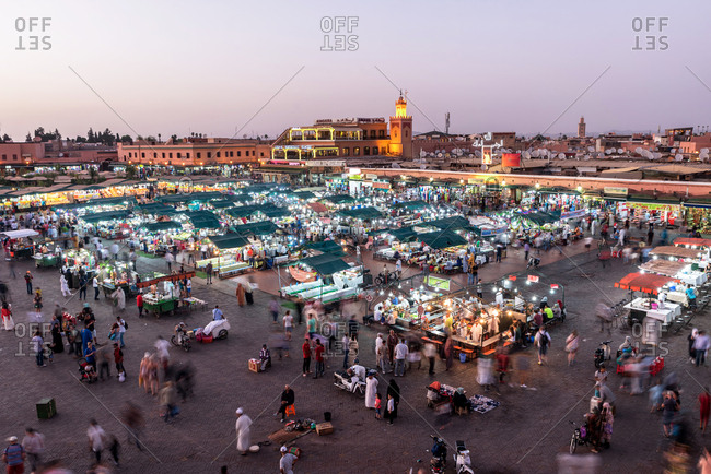 Marrakesh, Morocco - September 28, 2017: Aerial view of marketplace at dusk