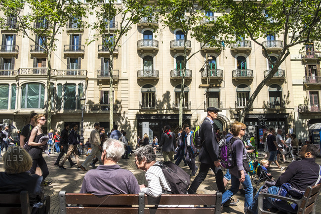 Barcelona,  Spain - May 1, 2016: Las Ramblas, one of the most important landmark in the capital of Catalonia