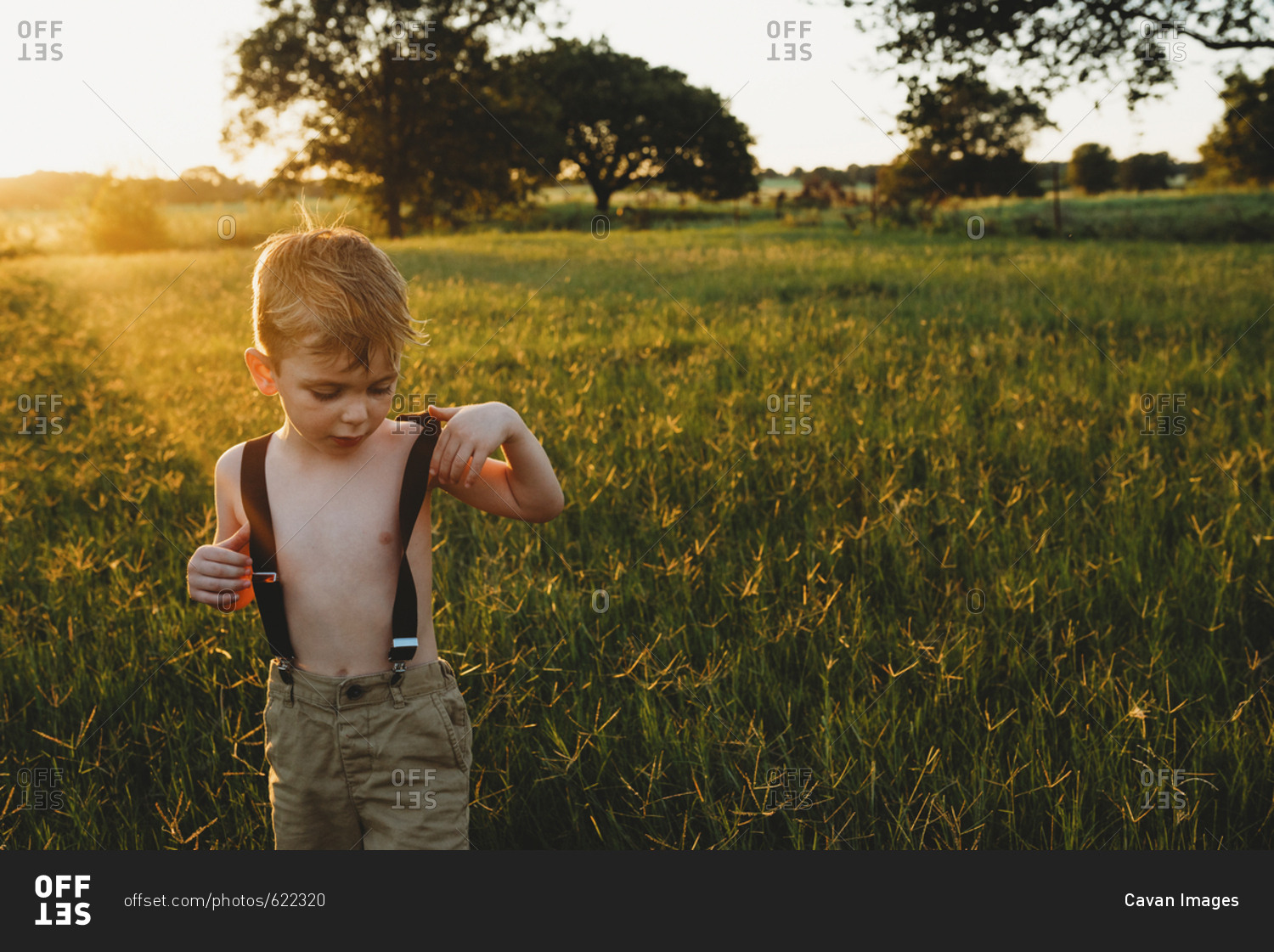 Shirtless boy wearing suspenders while standing amidst plants on field ...