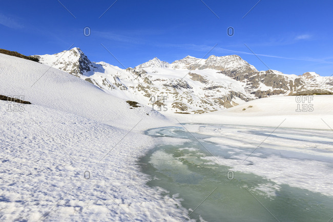 Spring thaw at Bernina Pass, St. Moritz, Upper Engadine, Canton of Graubunden, Switzerland, Europe