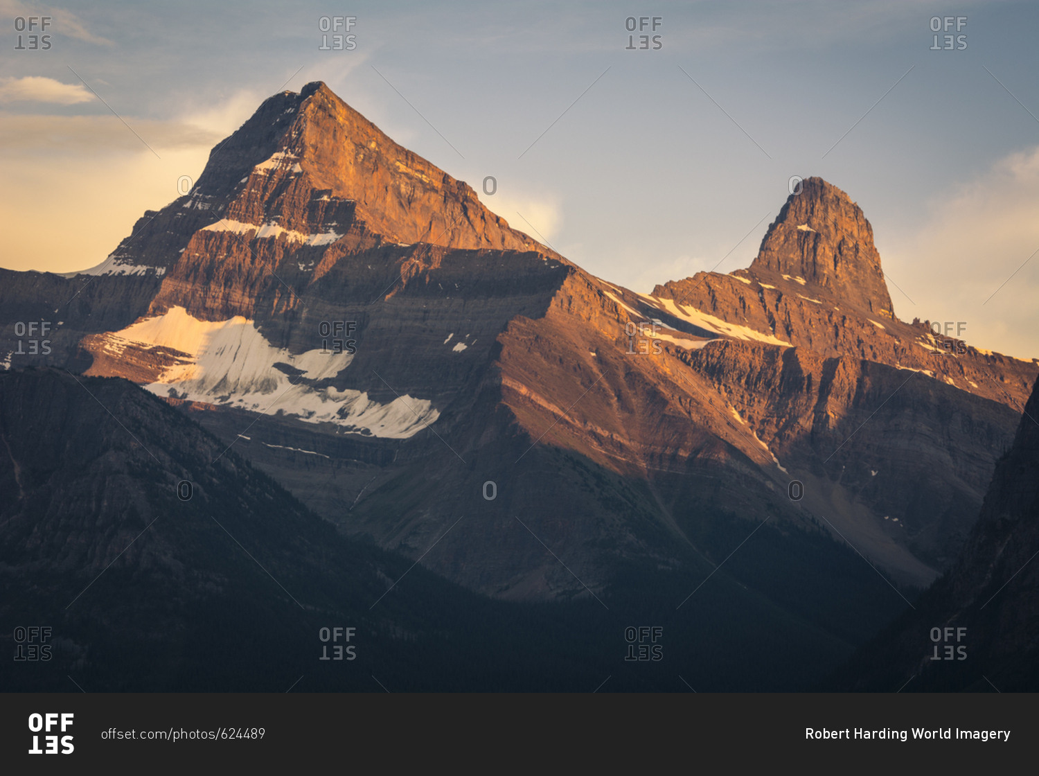 Alpenglow on Mount Christie and Brussels Peak at sunset, Jasper National Park, UNESCO World Heritage Site, Alberta, Rocky Mountains, Canada, North America