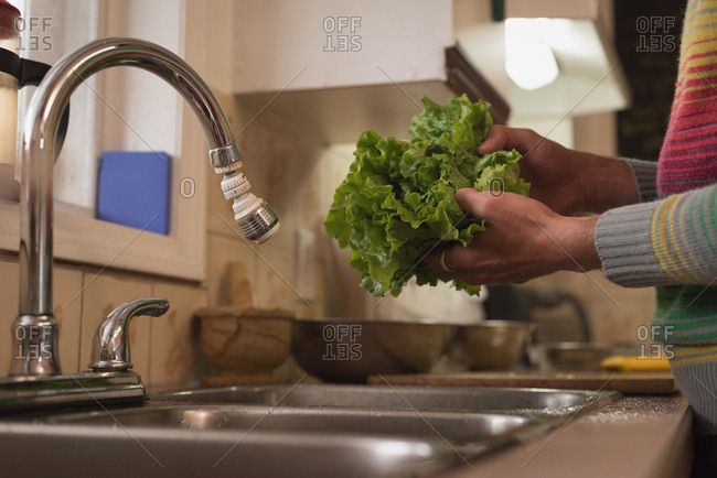 Mid section of man washing leafy vegetables in kitchen