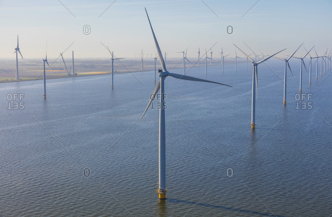 May 4, 2016: Aerial view of wind turbines at sea, North Holland, Netherlands