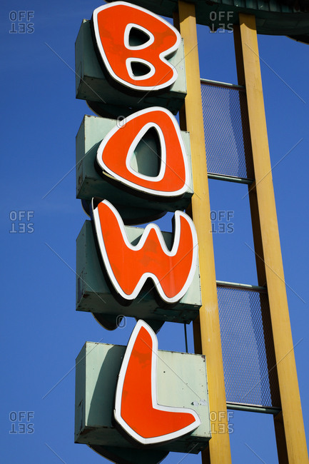 Vintage sign advertising a bowling alley in Southern California