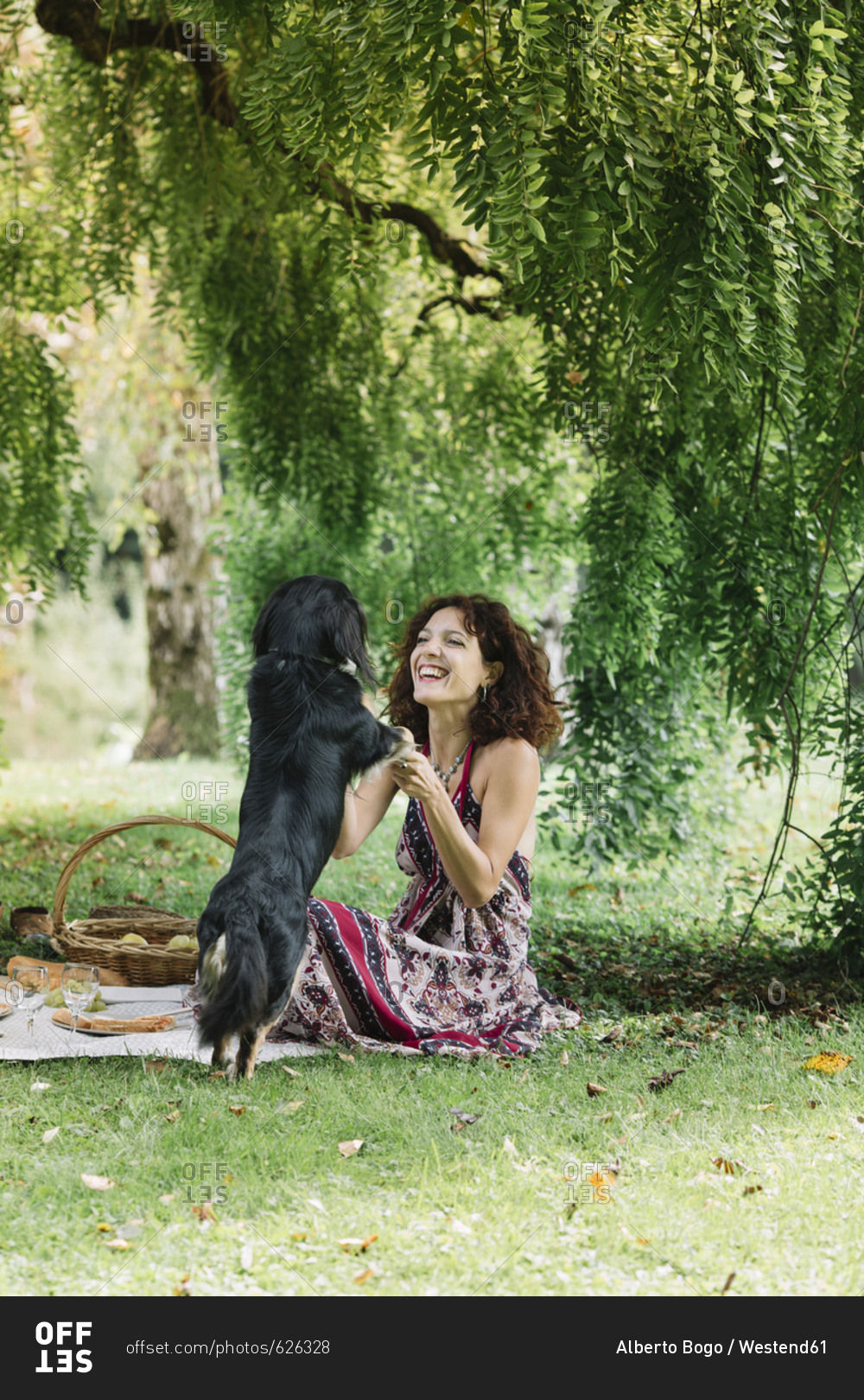 Woman with dog having a picnic in a park
