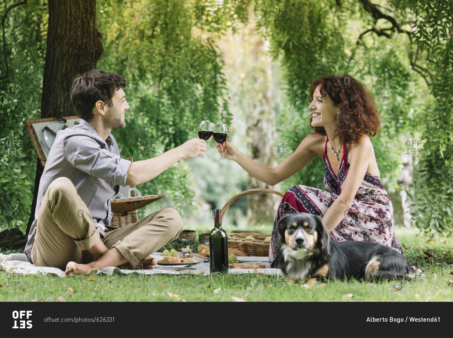 Couple with dog having a picnic in a park drinking red wine