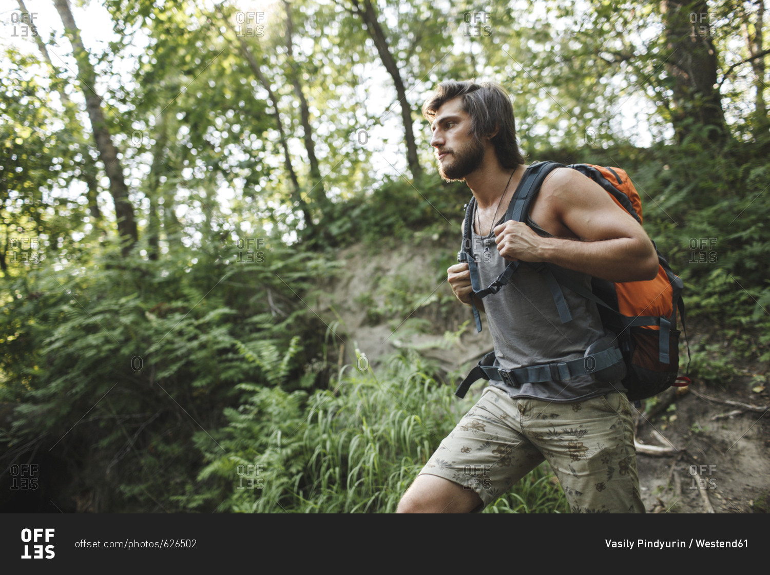 Young man hiking in forest