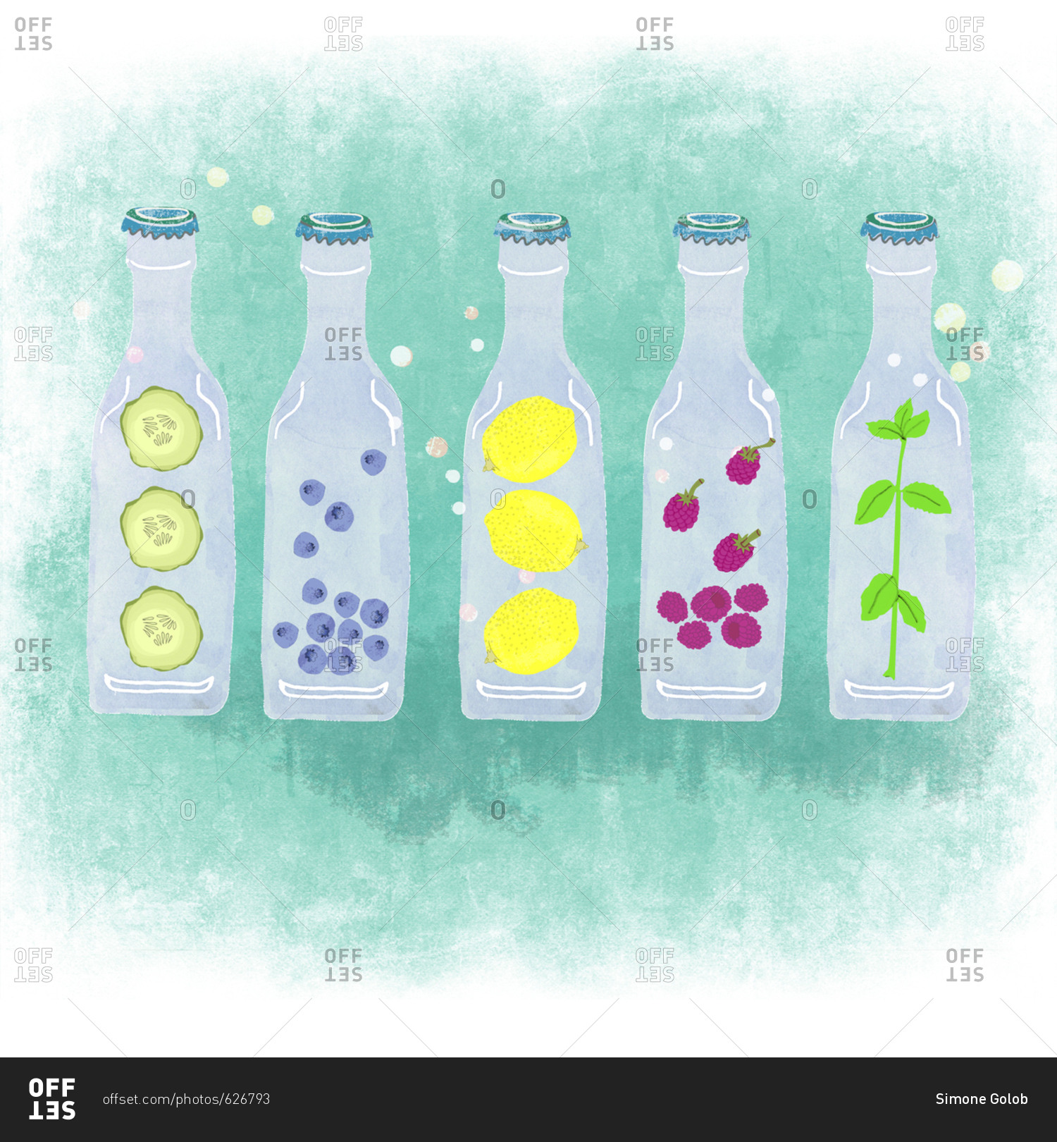 Five bottles with herbal fruit drinks