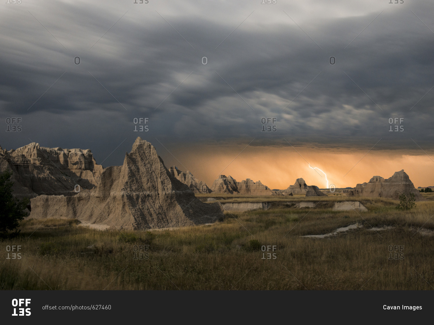 Majestic view of rock formations at Badlands National Park against thunderstorm and lightning
