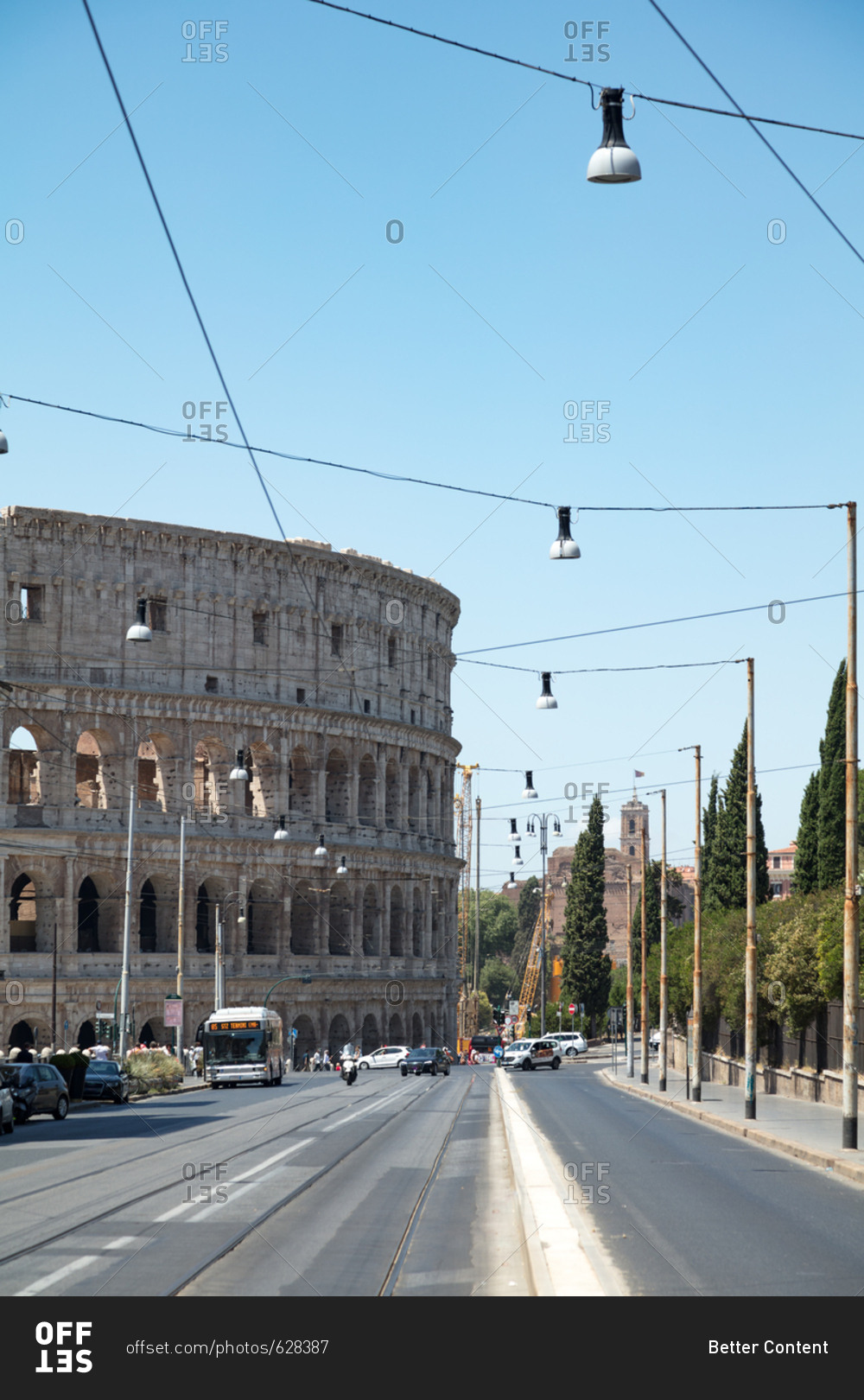 Rome, Italy July 10, 2017 The Coliseum and street traffic stock
