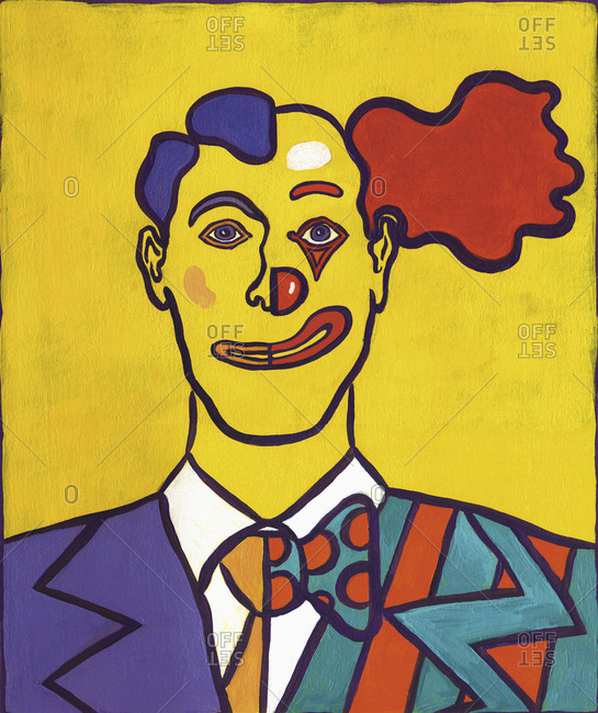 Portrait of a man half businessman half clown