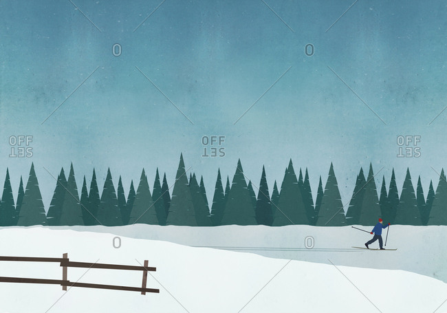 Illustration of man skiing against blue sky