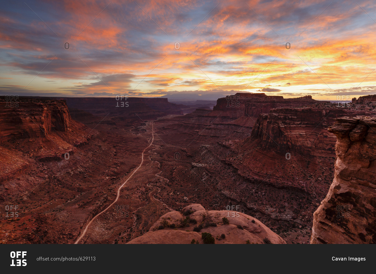 High angle scenic view of rock formations against dramatic sky at Canyonlands National Park