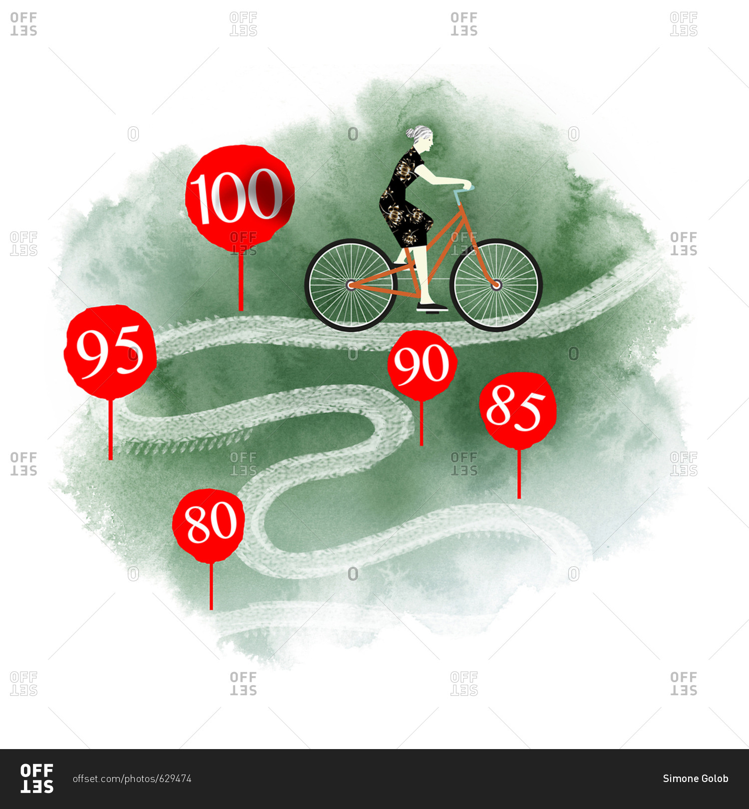Healthy old woman riding a bike past mile markers that represent age