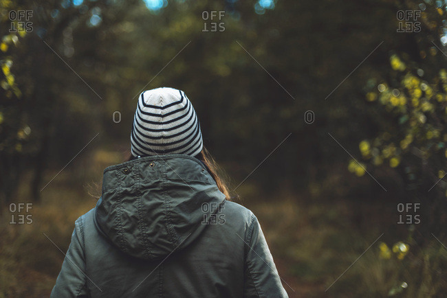 Female tourist in woolen cap walking in autumn forest. Rear view.