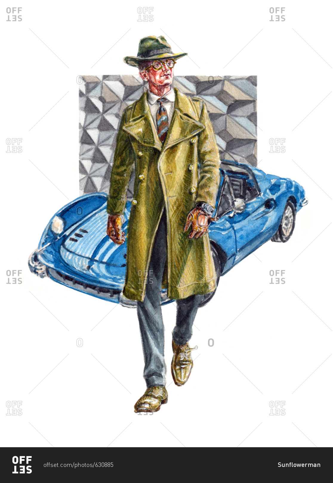 Dapper man walking with luxury car in background