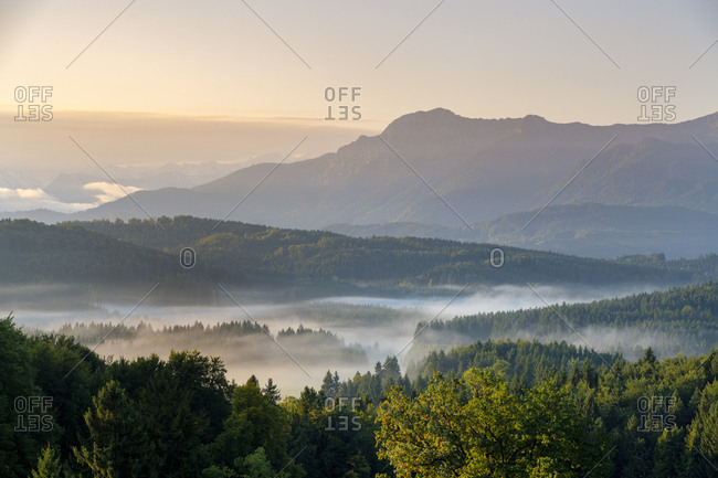 Germany- Bavaria- Upper Bavaria- Pfaffenwinkel- near Murnau- morning fog above Aidlinger Hoehe in front of Herzogstand