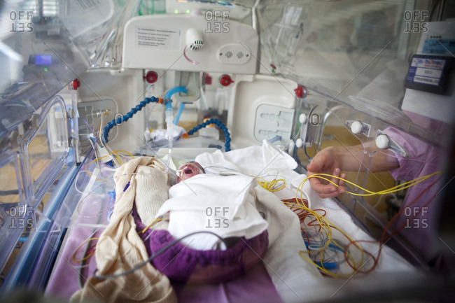 January 19, 2016: Reportage in a mobile functional exploration unit, a nurse intervenes in a neonatal service to carry out a check-up EEG on some premature babies. An extremely preterm baby, born at 25 weeks of amenorrhea, in France
