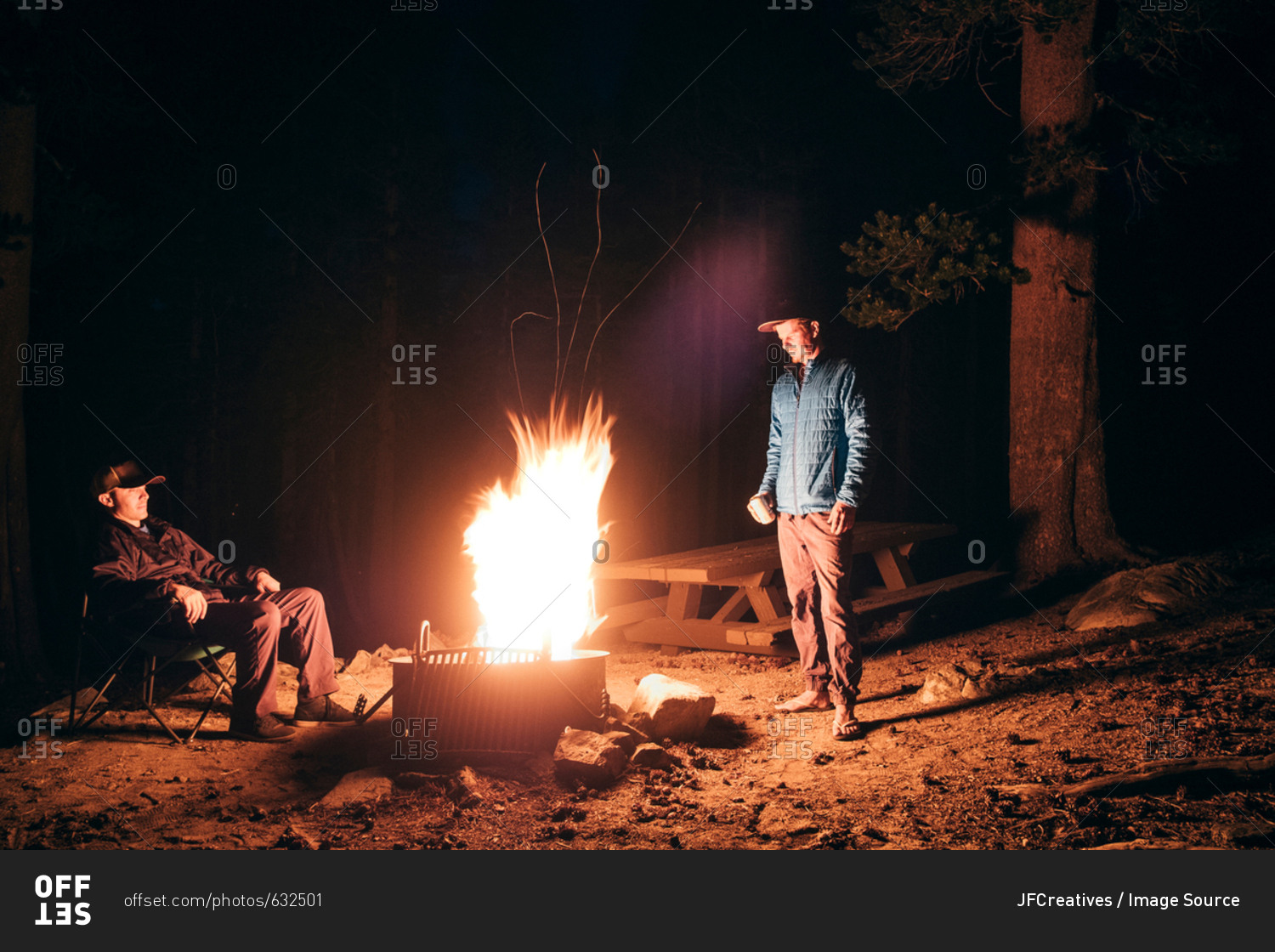 Friends camping in forest by campfire, Mammoth Lake, California, USA, North America